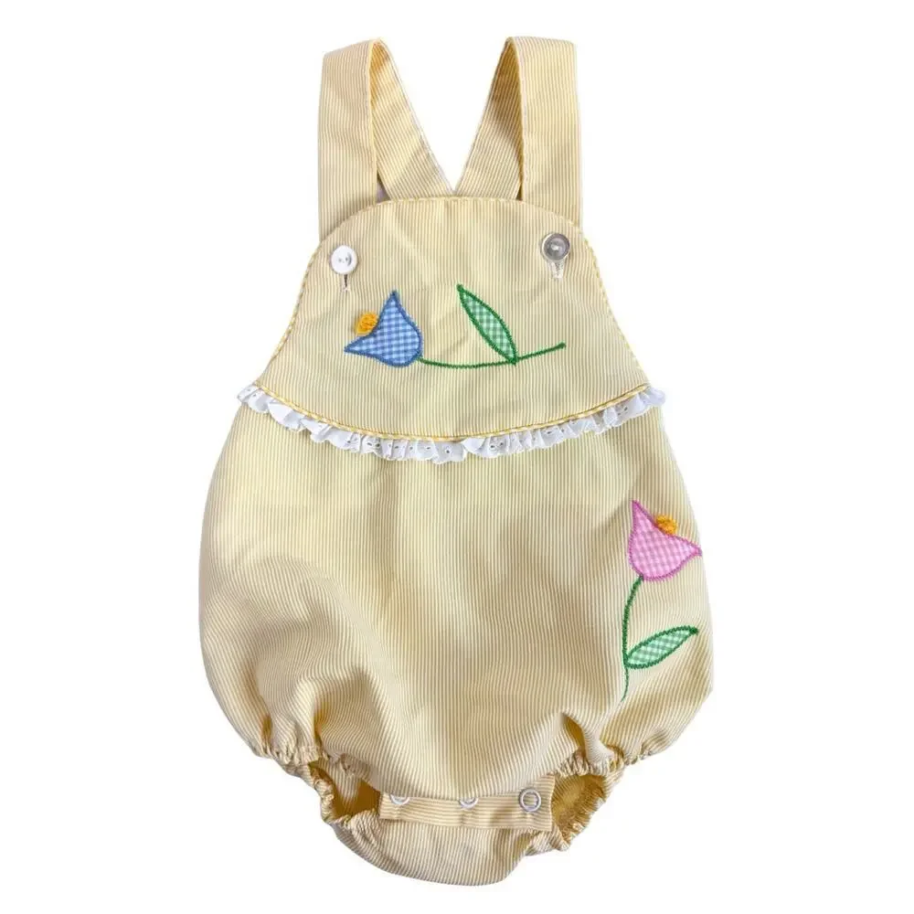 Vintage Baby Girl Yellow Seersucker Bubble Romper Floral Appliqué Spring Sunsuit